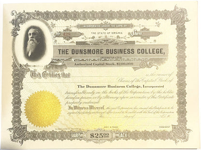 Antique Dunsmore Business College Stock Certificate from 1900s