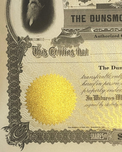 Antique Dunsmore Business College Stock Certificate from 1900s