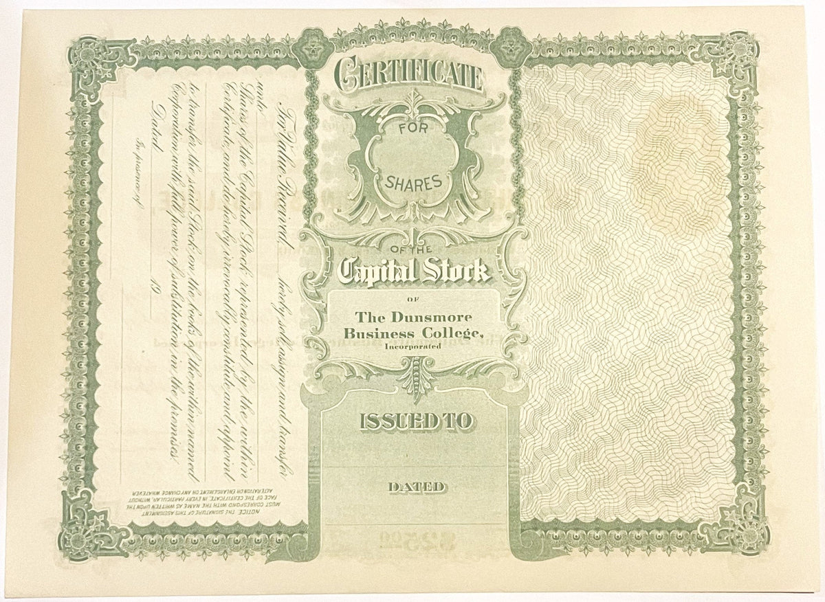 Antique Dunsmore Business College Stock Certificate from 1900s
