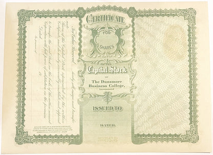 Antique Dunsmore Business College Stock Certificate from 1900s