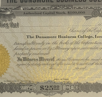 Antique Dunsmore Business College Stock Certificate from 1900s