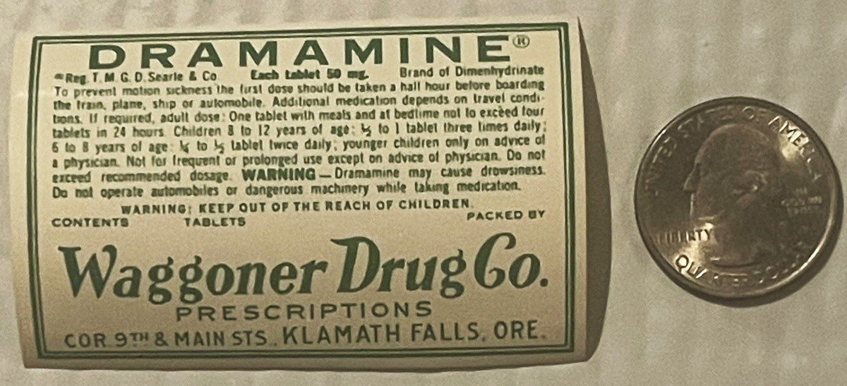 Vintage ✨ Rare 1949- 1950s Dramamine Label – Waggoner Drug Co Klamath Falls OR 🏥