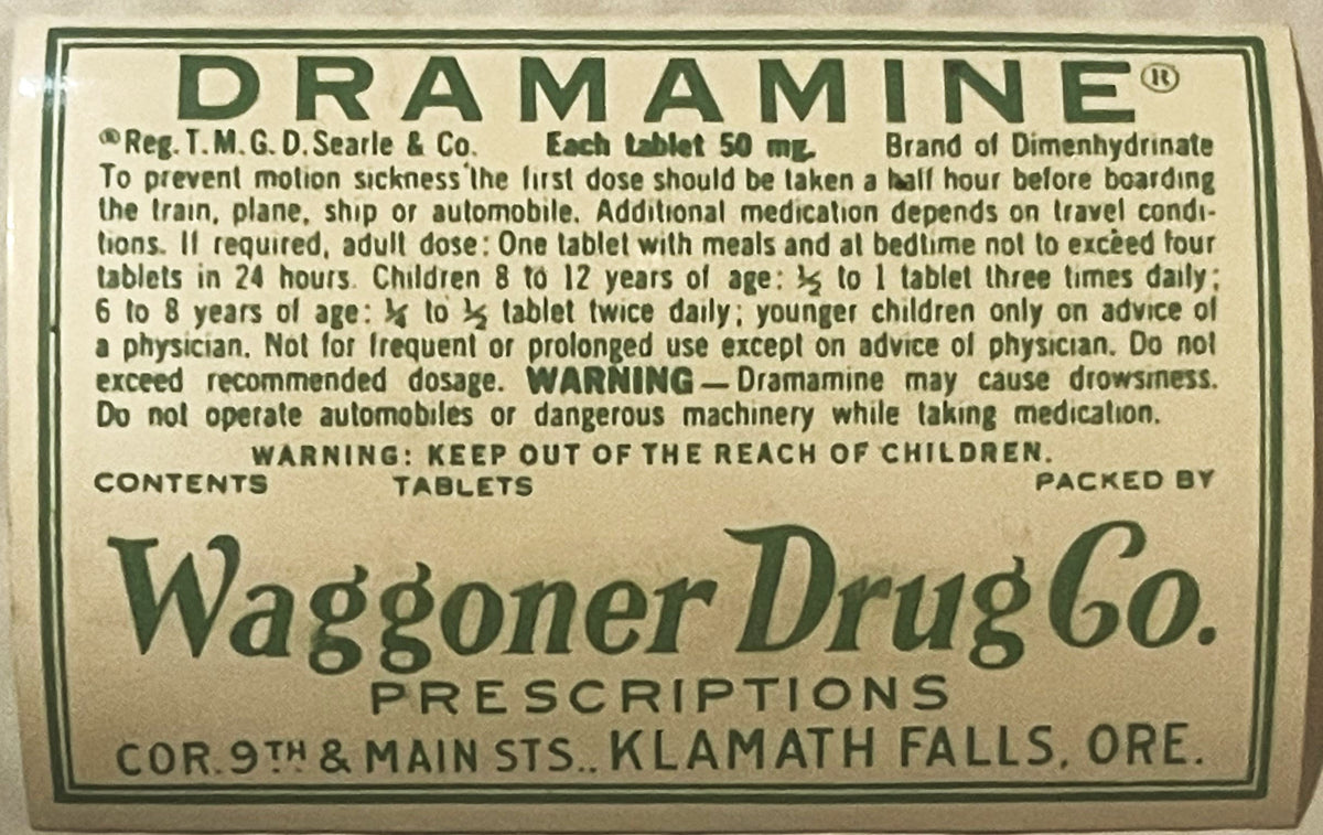 Vintage ✨ Rare 1949- 1950s Dramamine Label – Waggoner Drug Co Klamath Falls OR 🏥