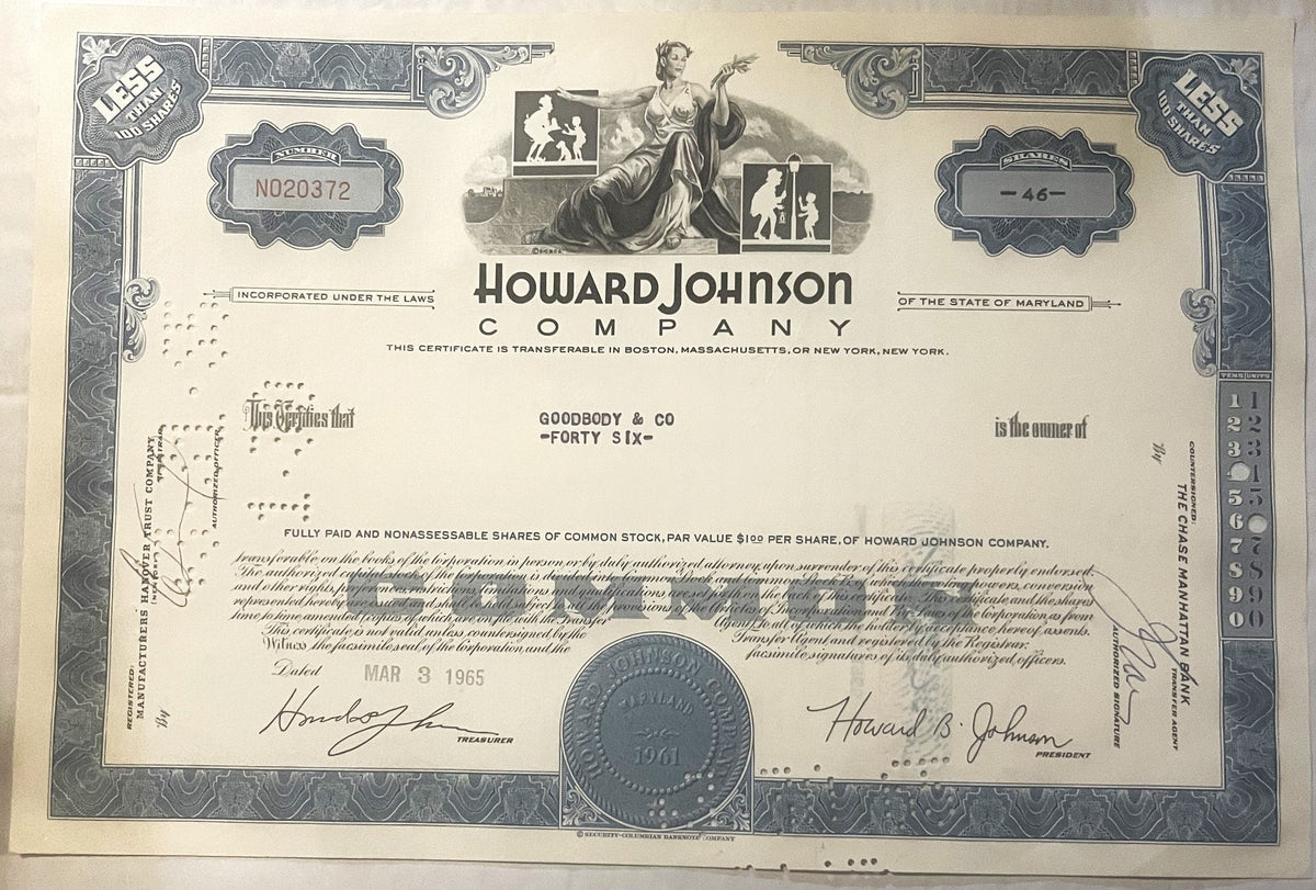Vintage 1960s Howard Johnson Stock Certificate 🍊 Blue Border, HoJo Roadside Americana