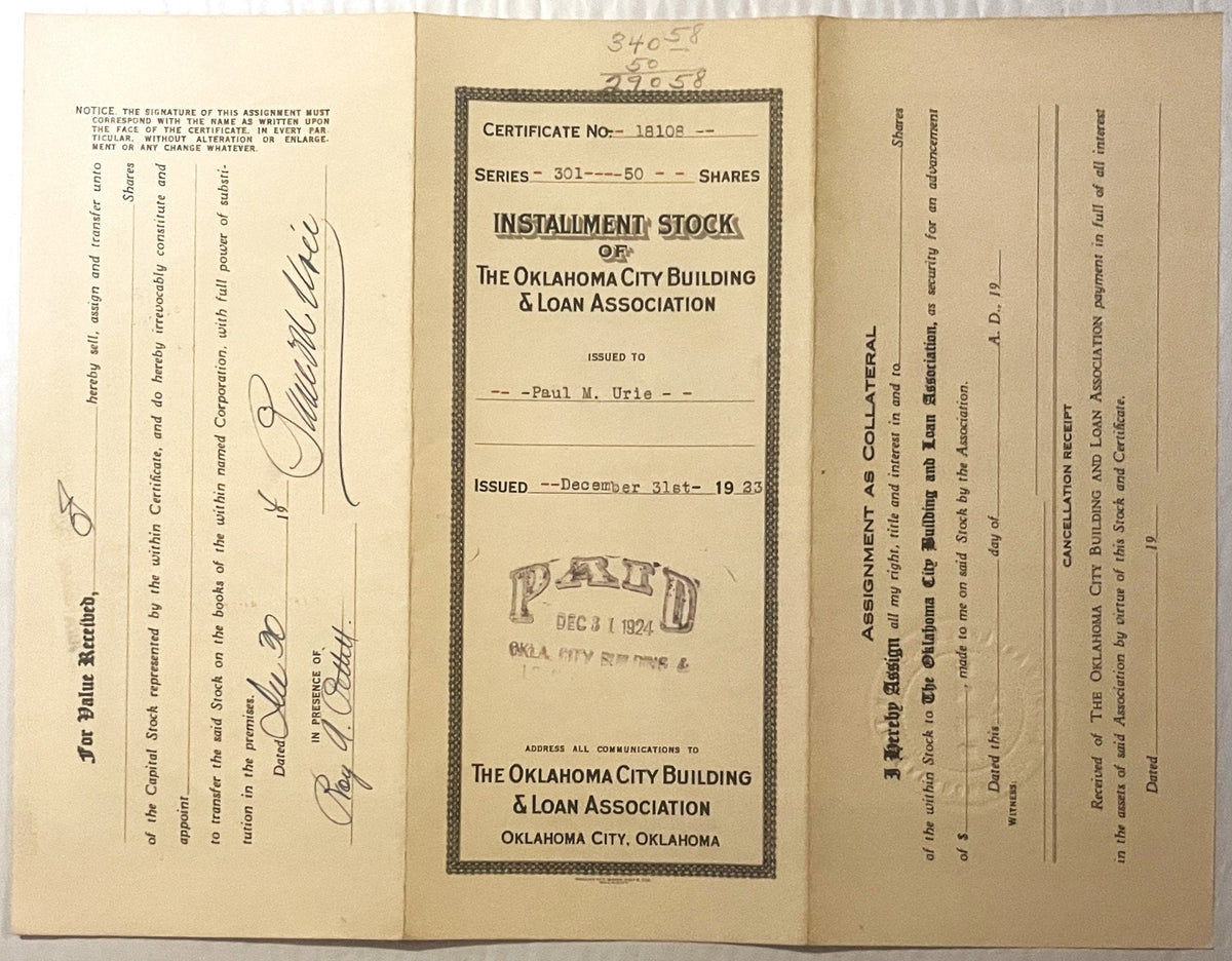 Antique 1923-1924 Oklahoma City Building & Loan Stock Certificate 🏠 Homes Make Happiness, Globe Vignette