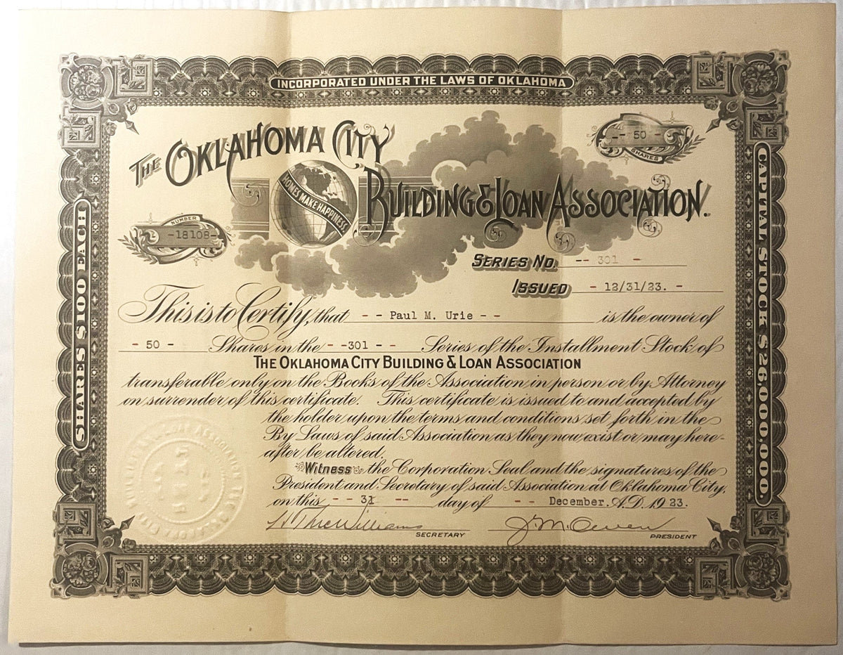 Antique 1923-1924 Oklahoma City Building & Loan Stock Certificate 🏠 Homes Make Happiness, Globe Vignette