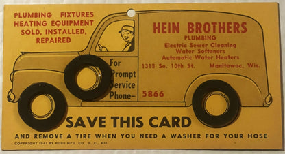 1941 Hein Brothers Plumbing Advertising Washer Card 🔧 Manitowoc Wisconsin