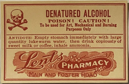 Vintage Denatured Alcohol Poison Label 🧪 Lents Pharmacy Portland OR