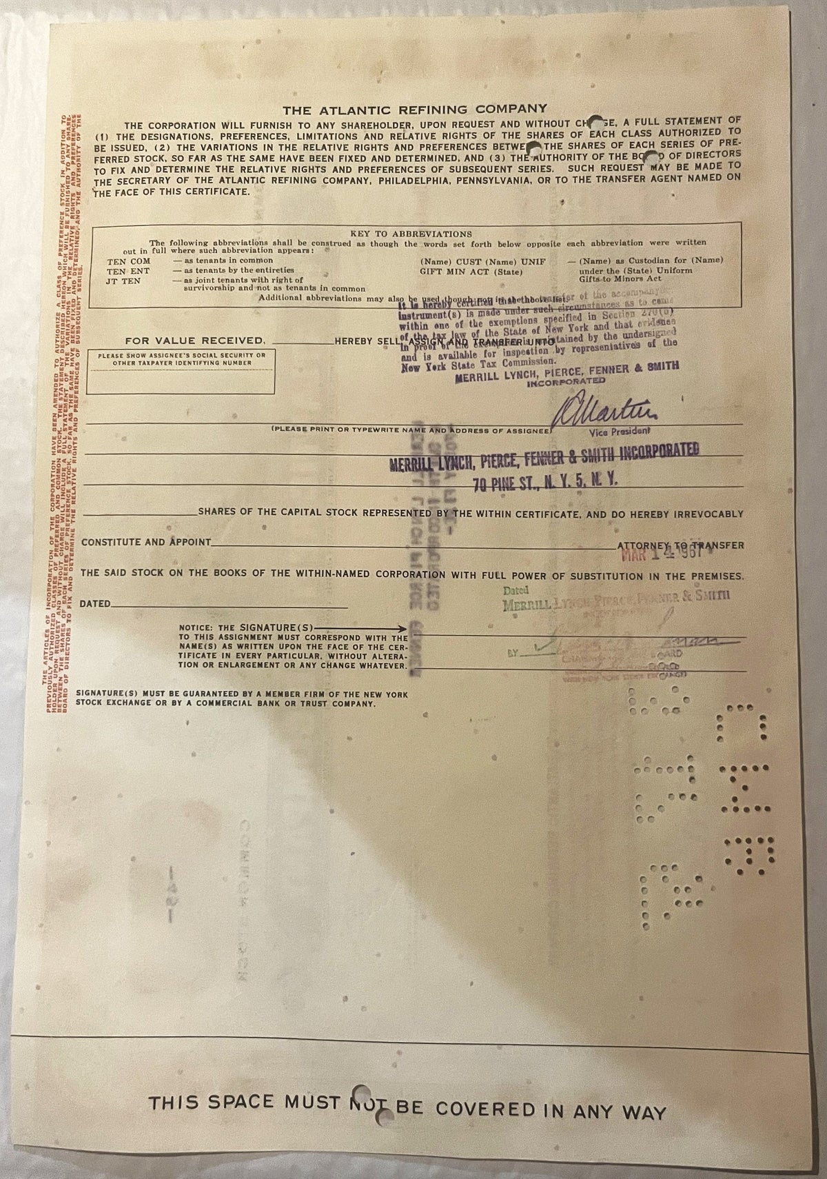 Vintage 1960s Atlantic Refining Company Stock Certificate