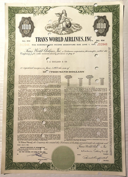 Vintage 1961 TWA Trans World Airlines 1000 Dollar Bond Howard Hughes Era Jet Age Debenture 📜