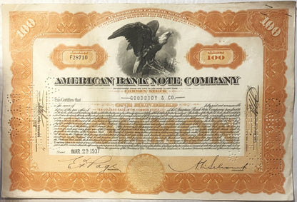 Vintage 1920s - 1960s American Bank Note Company Common Stock Certificate 🦅 Orange, Bald Eagle Vignette