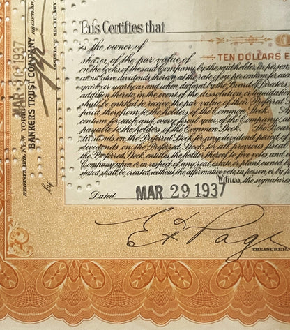 Vintage 1920s - 1960s American Bank Note Company Common Stock Certificate 🦅 Orange, Bald Eagle Vignette