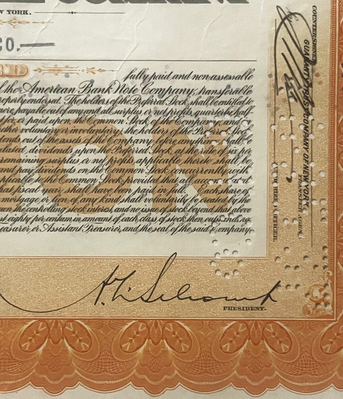 Vintage 1920s - 1960s American Bank Note Company Common Stock Certificate 🦅 Orange, Bald Eagle Vignette