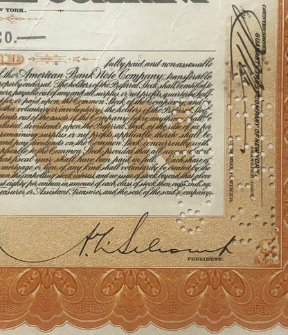 Vintage 1920s - 1960s American Bank Note Company Common Stock Certificate 🦅 Orange, Bald Eagle Vignette