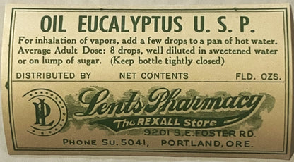 Vintage 1930s Oil Eucalyptus Label from Portland Pharmacy