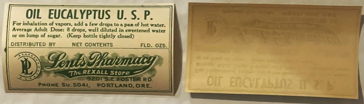 Vintage 1930s Oil Eucalyptus Label from Portland Pharmacy