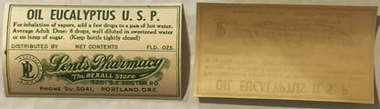 Vintage 1930s Oil Eucalyptus Label from Portland Pharmacy