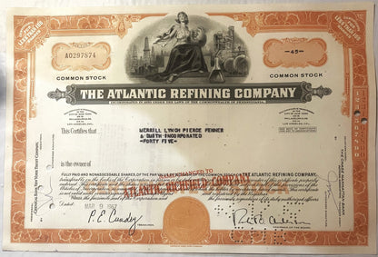 Vintage 1960s Atlantic Refining Company Stock Certificate