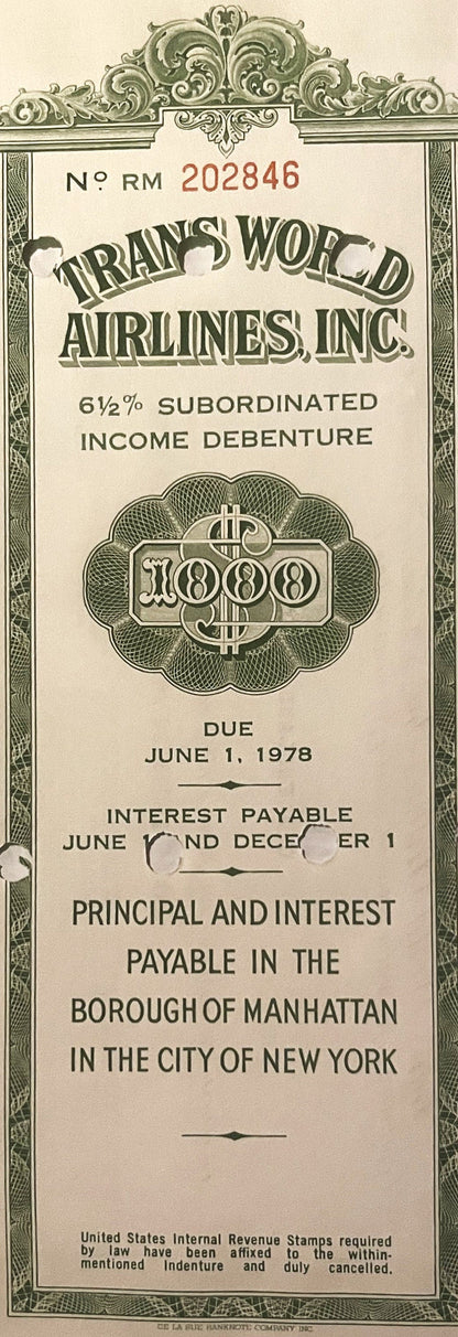 Vintage 1961 TWA Trans World Airlines 1000 Dollar Bond Howard Hughes Era Jet Age Debenture 📜