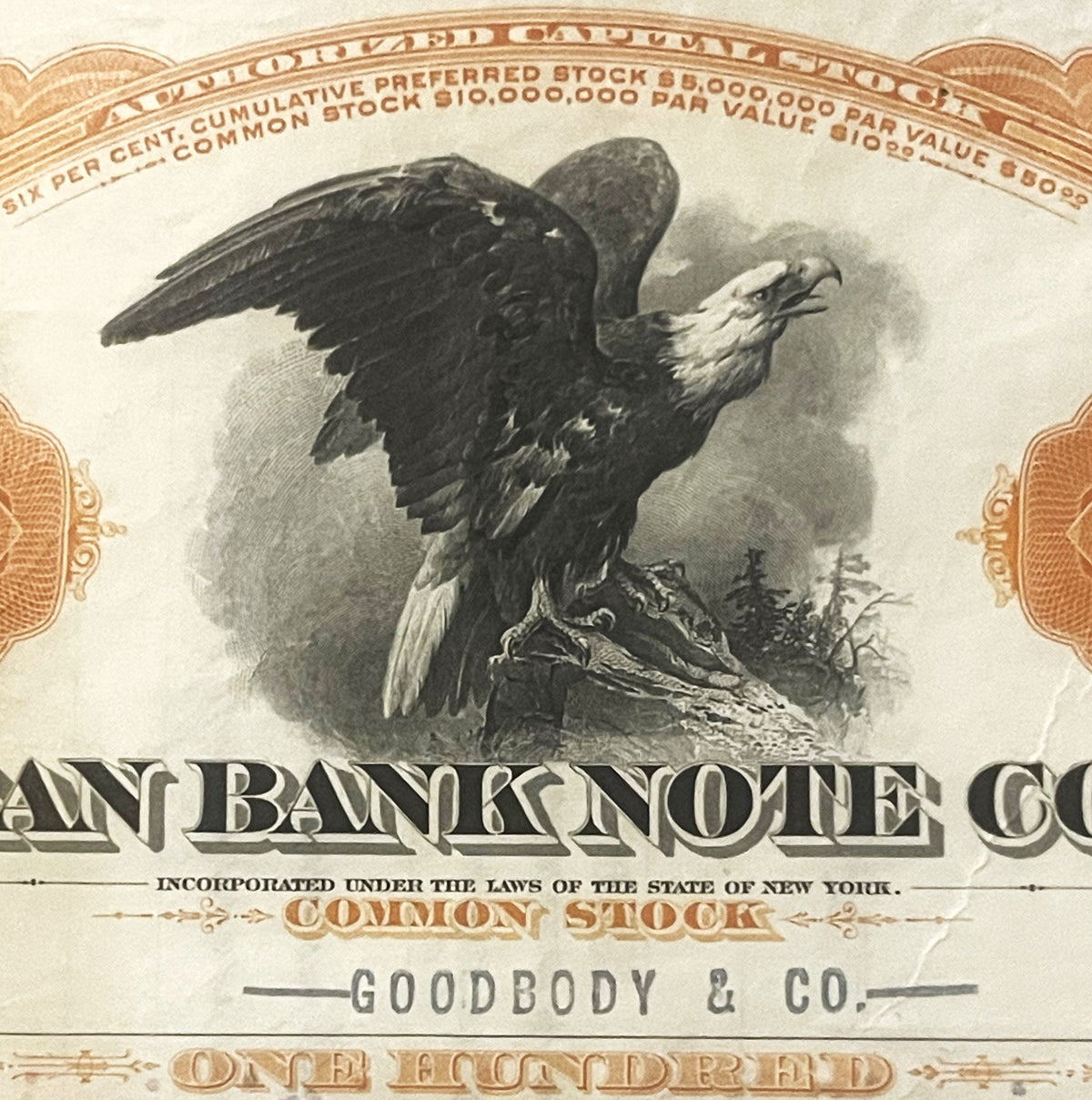 Vintage 1920s - 1960s American Bank Note Company Common Stock Certificate 🦅 Orange, Bald Eagle Vignette
