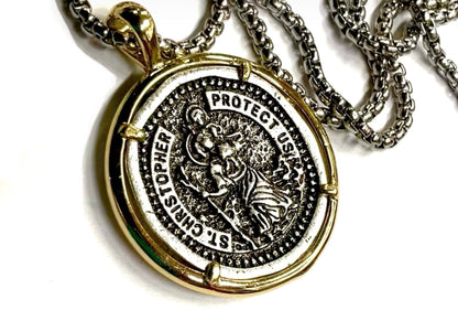 Saint christopher PROTECT us medal police officers soldiers silver cast medallion for man stainless steel chain patron saint