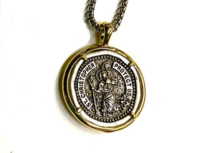 Saint christopher PROTECT us medal police officers soldiers silver cast medallion for man stainless steel chain patron saint