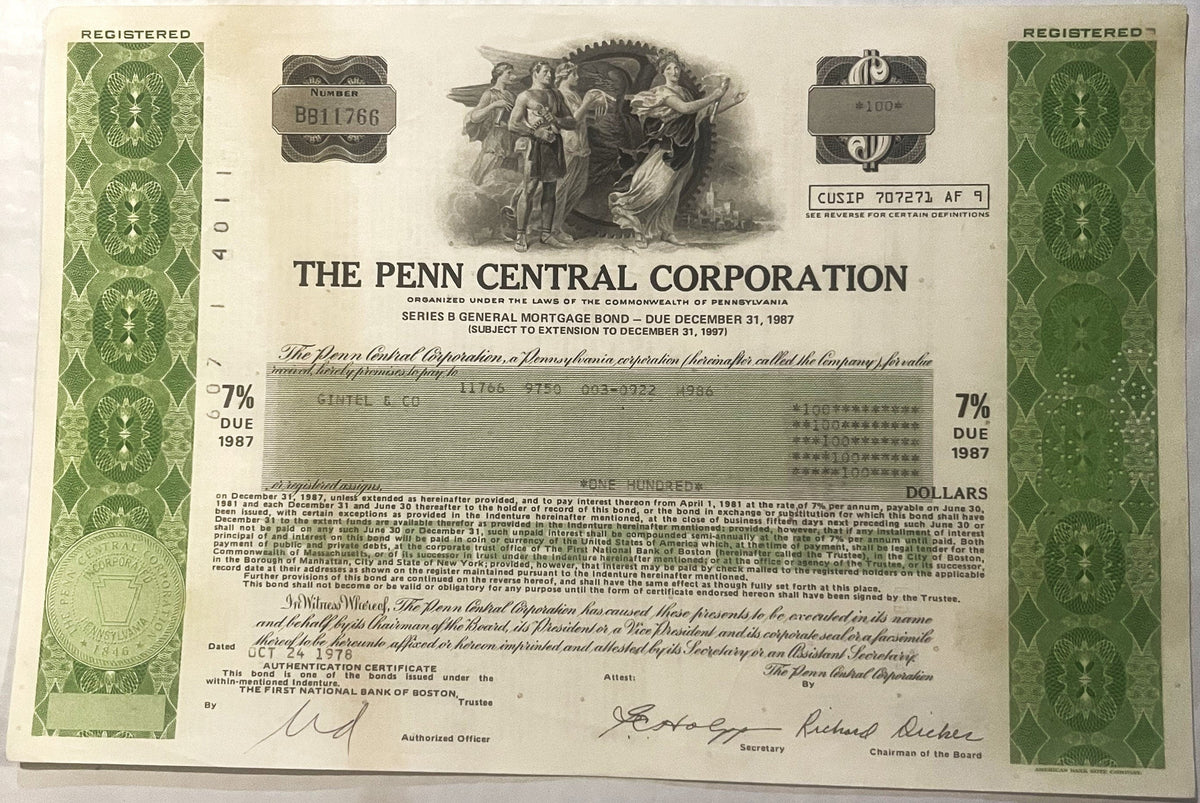Vintage 1970s Penn Central Railroad Mortgage Bond: Historic Americana 📜
