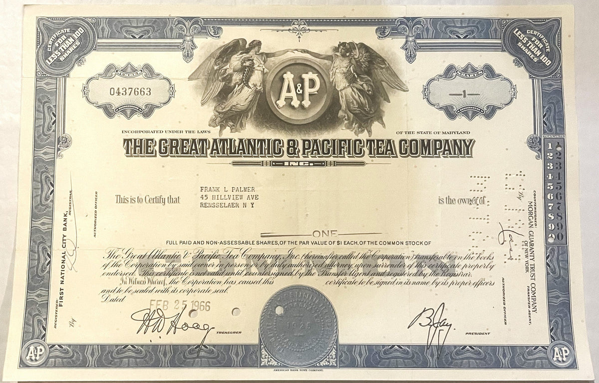 Vintage A&P Stock Certificate 💙 Great Atlantic & Pacific Tea Co. Blue 1950s–1970s