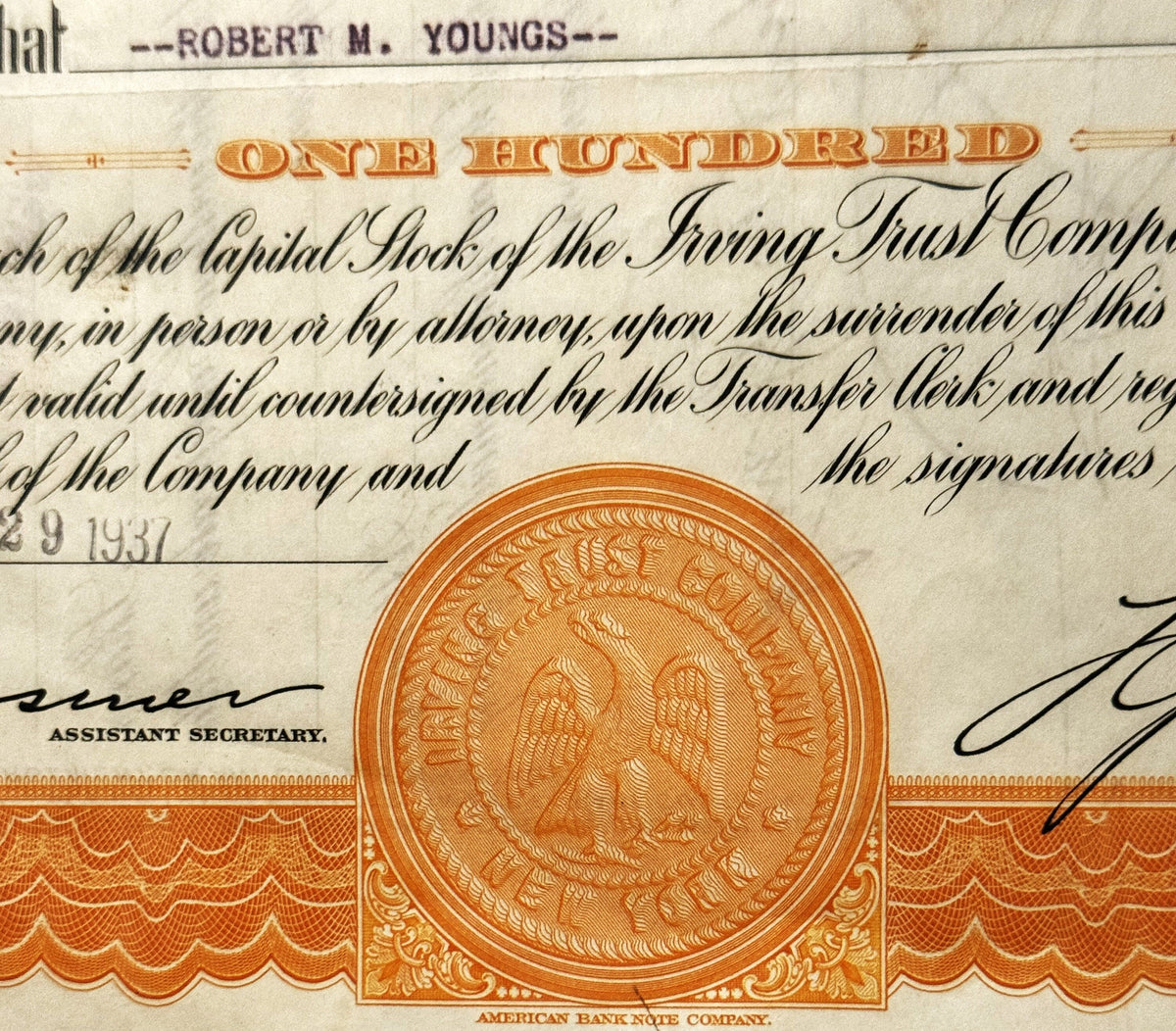 Vintage Orange 1930s Irving Trust Company Stock Certificate
