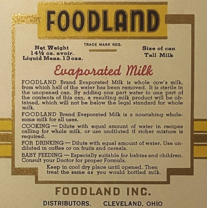 Antique 1920s Foodland Evaporated Milk Label 🐄 Cleveland Ohio Farmhouse Art