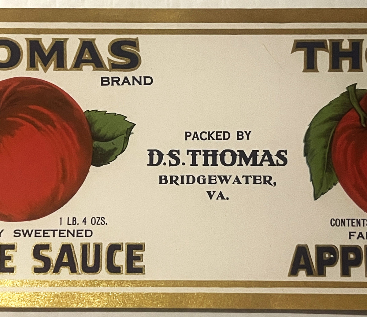 Antique Thomas Apple Sauce Can Label 1930s Bridgewater VA NOS 11x4 Farmhouse Kitchen Decor ✨