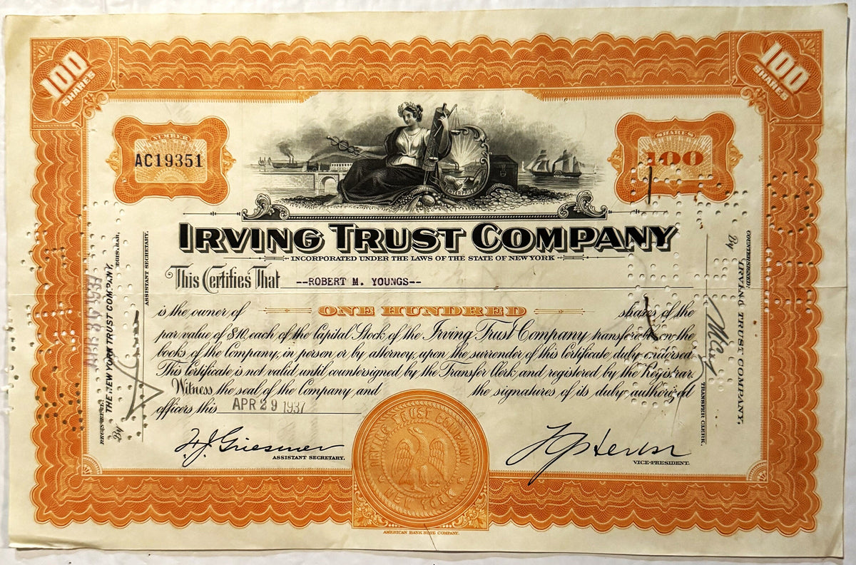 Vintage Orange 1930s Irving Trust Company Stock Certificate