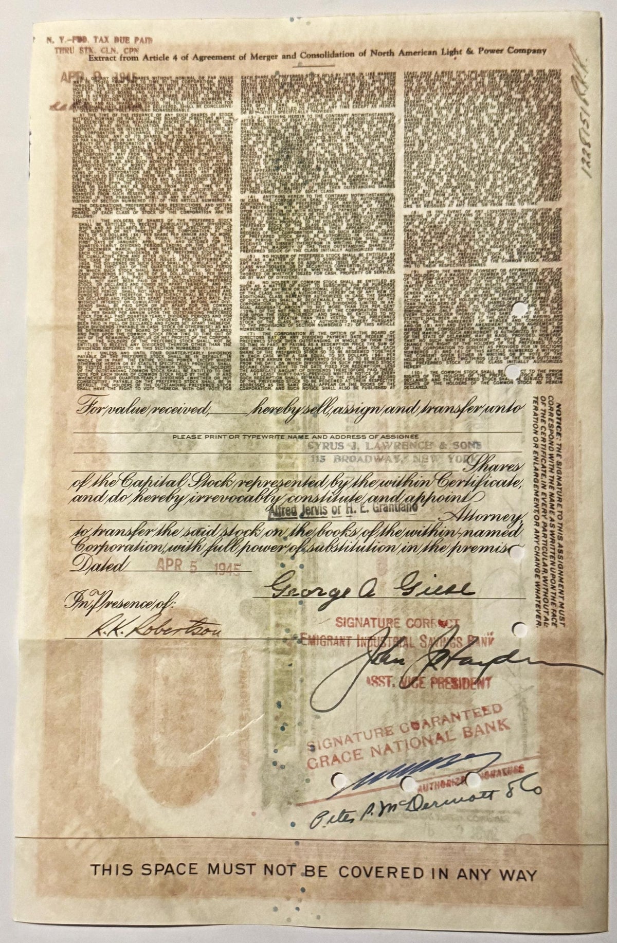Vintage 1940s North American Light & Power Stock Certificate 📜 SEC Casualty Engraved Bank Note Company Share