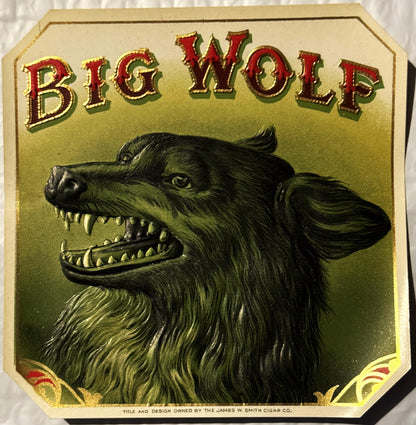 Antique Big Wolf Cigar Label 🚬 Gold Embossed Chromolithograph, James W. Smith Cigar Co., Snarling Wolf Head Die-Cut Label, NOS