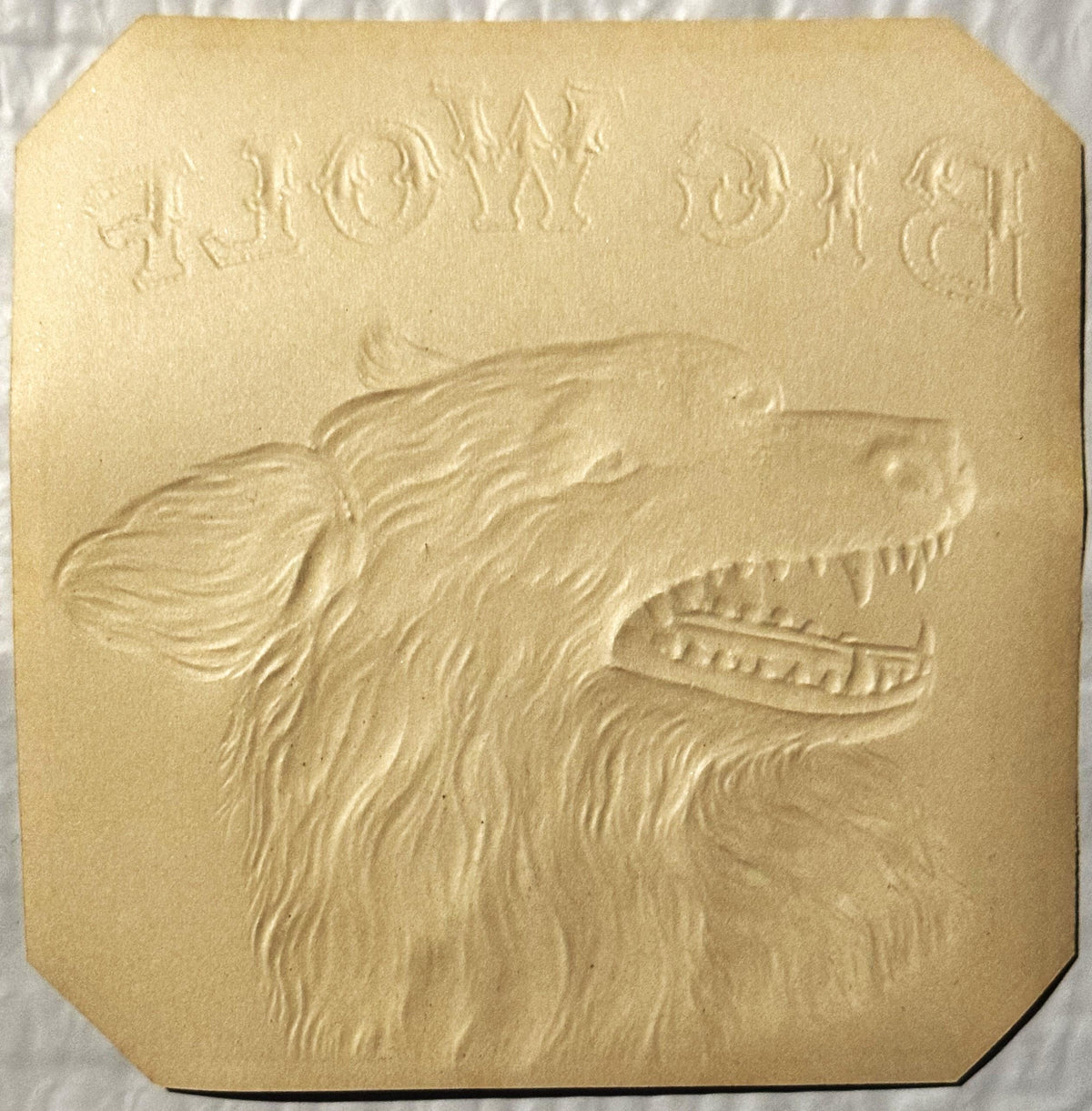 Antique Big Wolf Cigar Label 🚬 Gold Embossed Chromolithograph, James W. Smith Cigar Co., Snarling Wolf Head Die-Cut Label, NOS