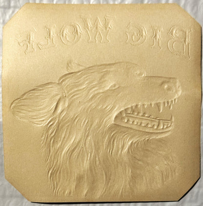 Antique Big Wolf Cigar Label 🚬 Gold Embossed Chromolithograph, James W. Smith Cigar Co., Snarling Wolf Head Die-Cut Label, NOS