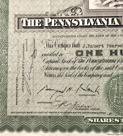 Vintage 1900s 1950s Pennsylvania Railroad Stock Certificate Pennsy Green Monopoly Icon Engraved Scripophily 📜
