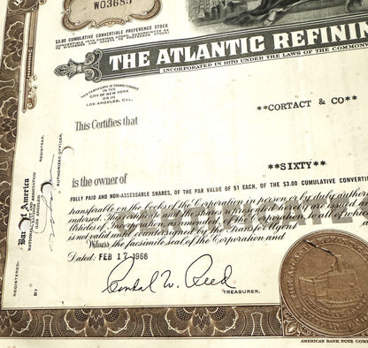 Vintage 1960s Atlantic Refining Company Stock Certificate Unveiled