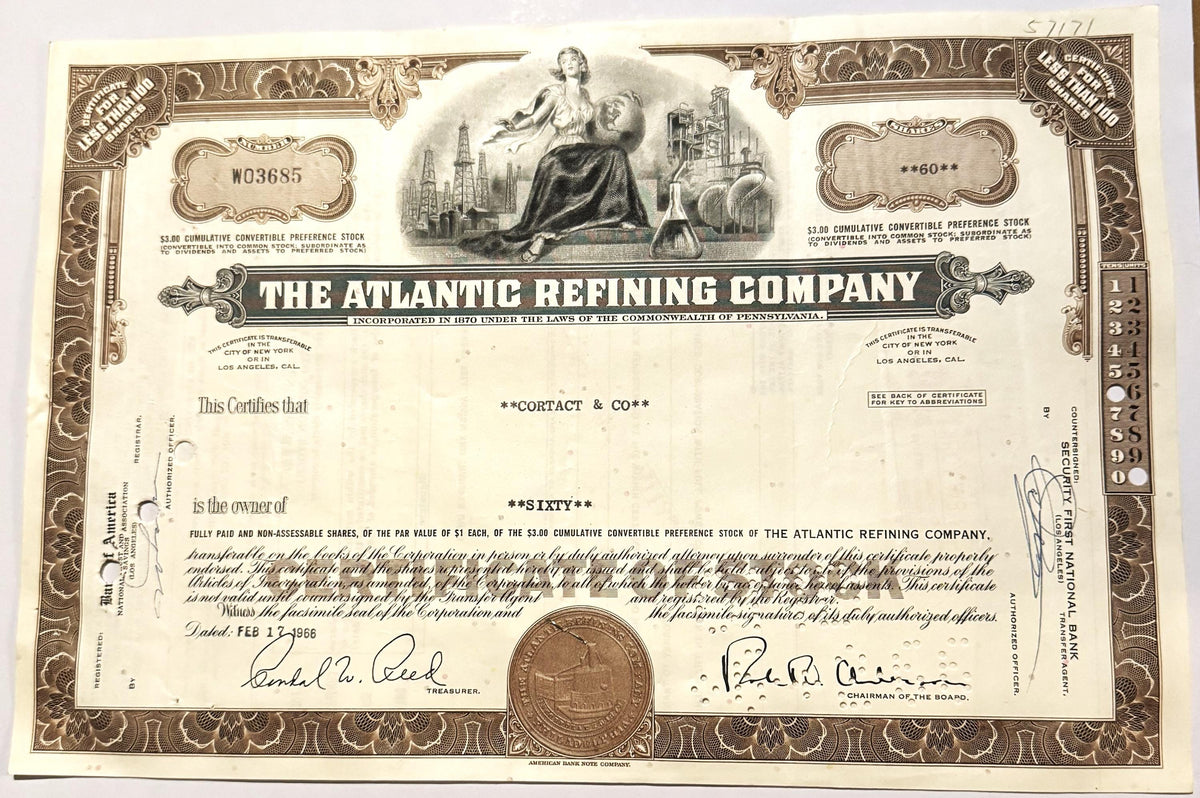 Vintage 1960s Atlantic Refining Company Stock Certificate Unveiled
