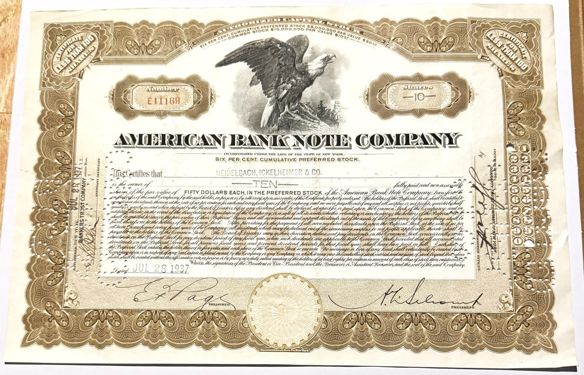 Antique American Bank Note Co 🦅 Preferred Stock Certificate, Brown Eagle Vignette, NYC