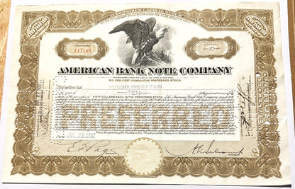 Antique American Bank Note Co 🦅 Preferred Stock Certificate, Brown Eagle Vignette, NYC