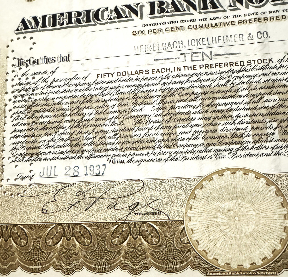 Antique American Bank Note Co 🦅 Preferred Stock Certificate, Brown Eagle Vignette, NYC