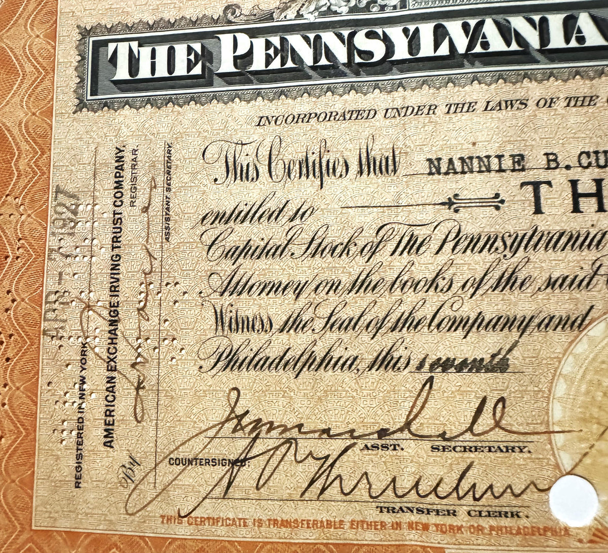 Vintage 1900s 1950s Pennsylvania Railroad Stock Certificate Pennsy Orange Philadelphia Engraved Share 📜