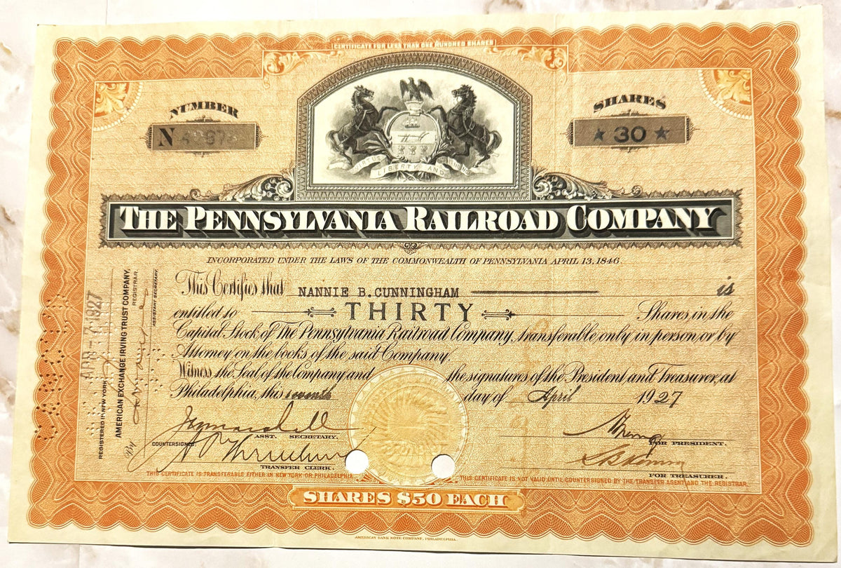 Vintage 1900s 1950s Pennsylvania Railroad Stock Certificate Pennsy Orange Philadelphia Engraved Share 📜