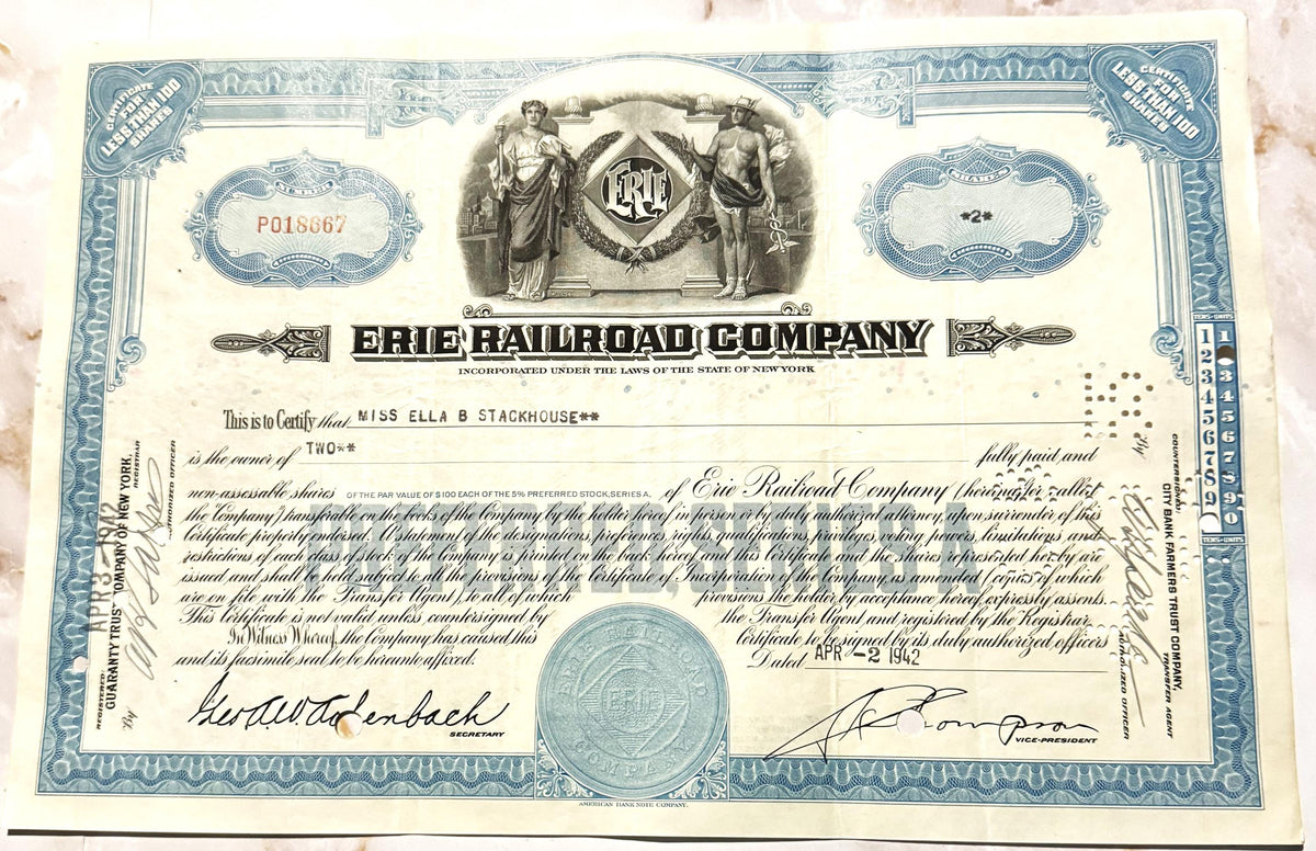 Antique 1940s 1950s Erie Railroad Stock Certificate Blue Preferred Clean Vignette No Hole Punches NY Scripophily 📜
