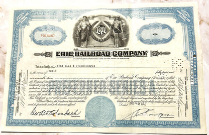 Antique 1940s 1950s Erie Railroad Stock Certificate Blue Preferred Clean Vignette No Hole Punches NY Scripophily 📜