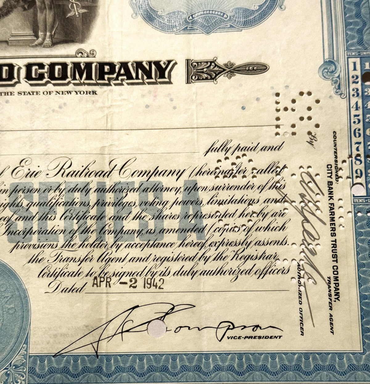 Antique 1940s 1950s Erie Railroad Stock Certificate Blue Preferred Clean Vignette No Hole Punches NY Scripophily 📜