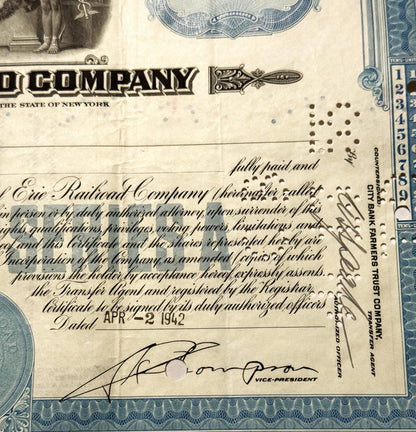 Antique 1940s 1950s Erie Railroad Stock Certificate Blue Preferred Clean Vignette No Hole Punches NY Scripophily 📜
