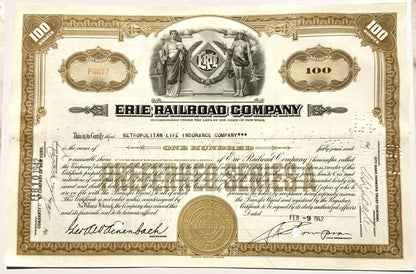 Vintage Erie Railroad Stock Certificate 🚂 100 Shares Brown 1940s