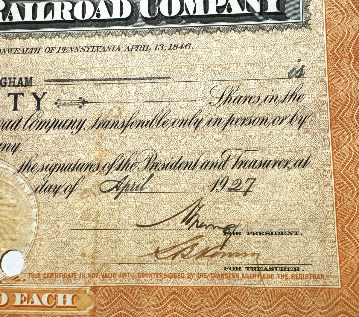 Vintage 1900s 1950s Pennsylvania Railroad Stock Certificate Pennsy Orange Philadelphia Engraved Share 📜